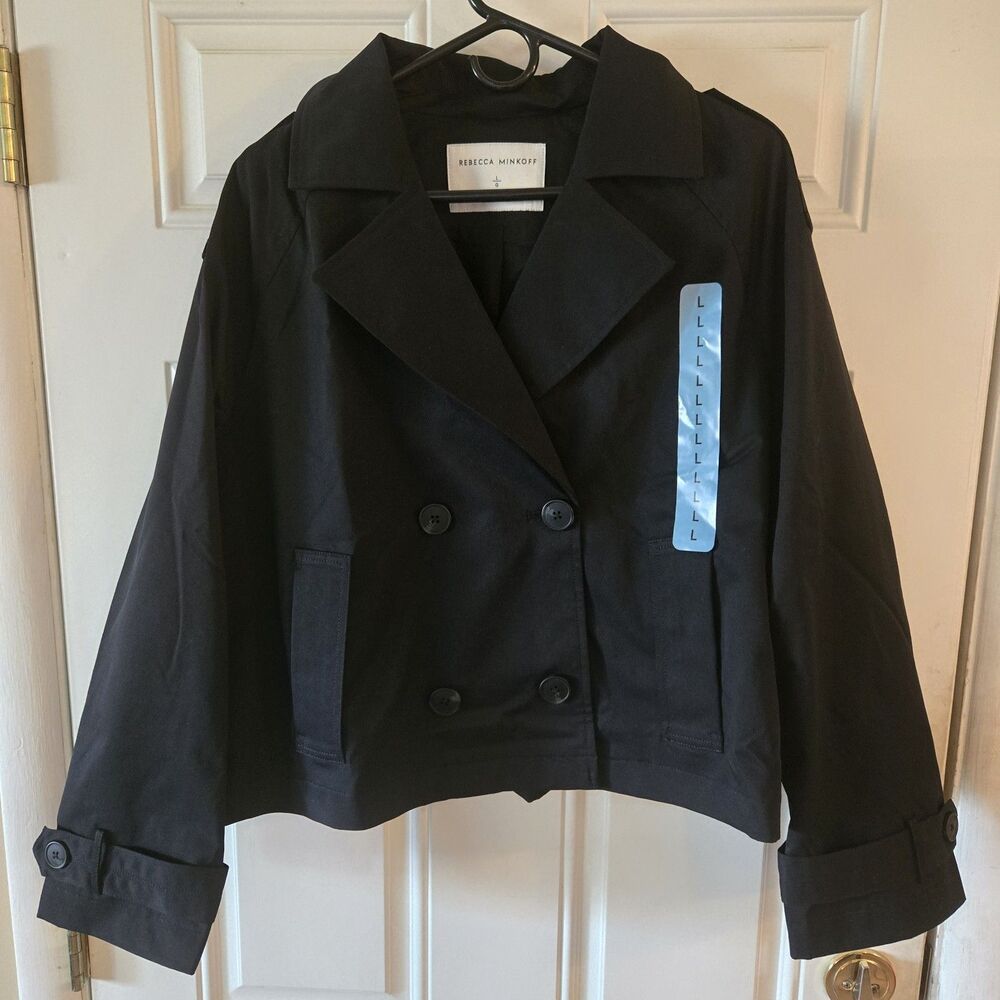 Rebecca Minkoff Cropped Trench Coat Women Large Black Double Breasted Jacket NWT
